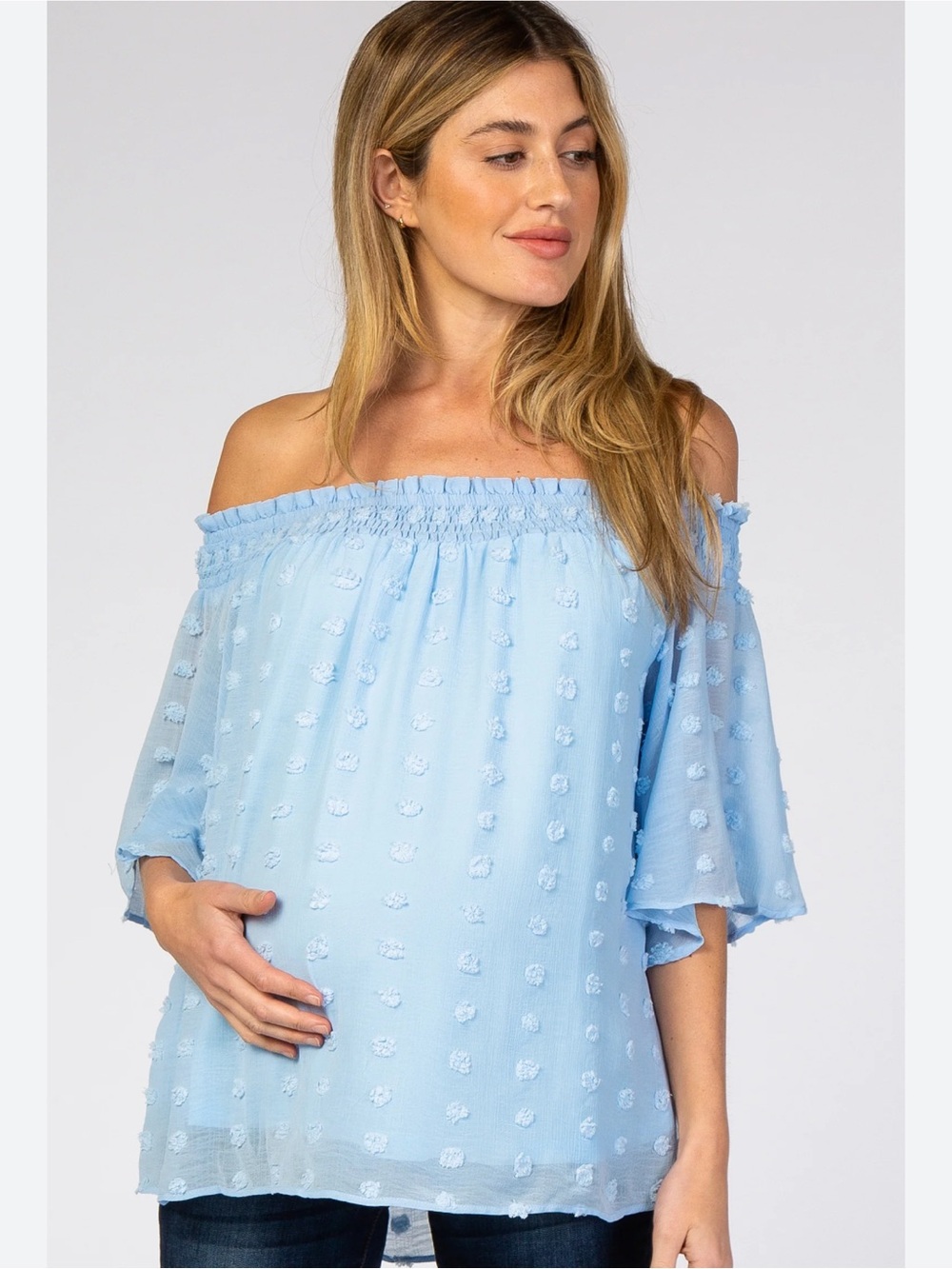 JODIFL Light Blue Off-Shoulder Swiss Dot Blouse